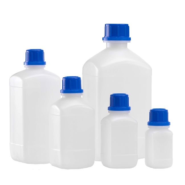 Square bottle natural PE-HD 100 ml, blue lid